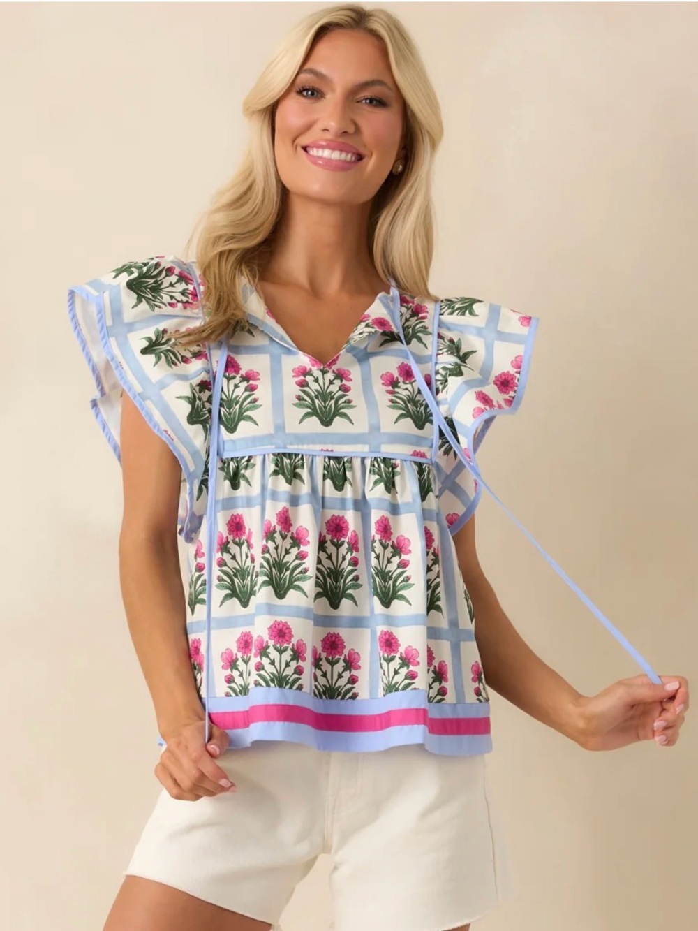Red Dress Boutique Blue & Pink Floral Windowpane Flutter Sleeve Top